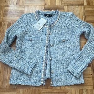 NWT Mango Blue Tweed Cardigan Jacket with Pearl Buttons Size S